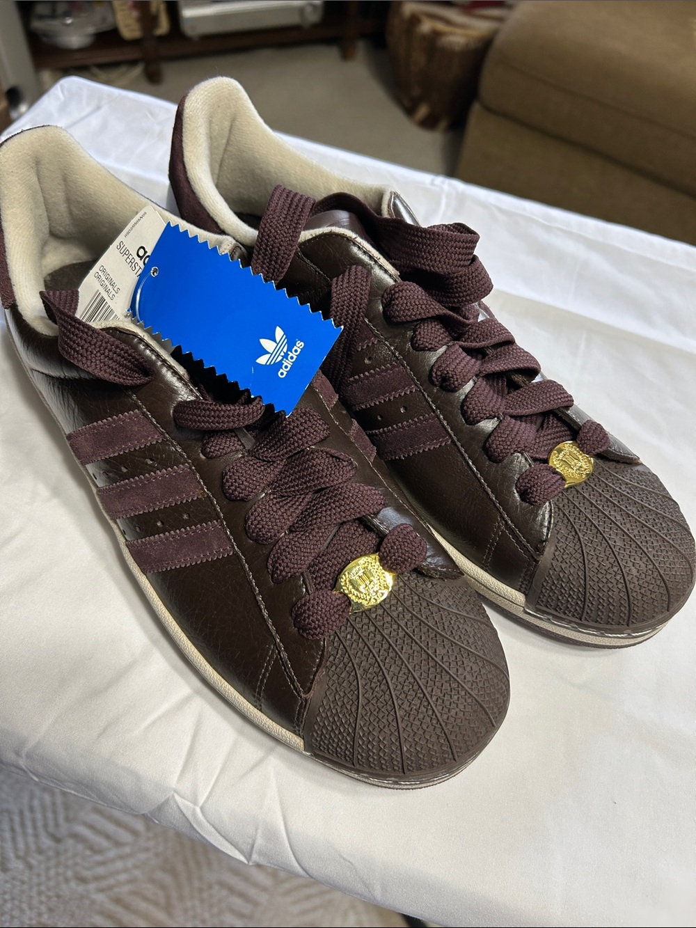 adidas Men's Burgundy Leather Superstar Sneakers with Gold Accents